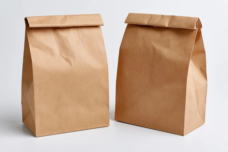 Two brown kraft paper lunch bags standing side by side on white background