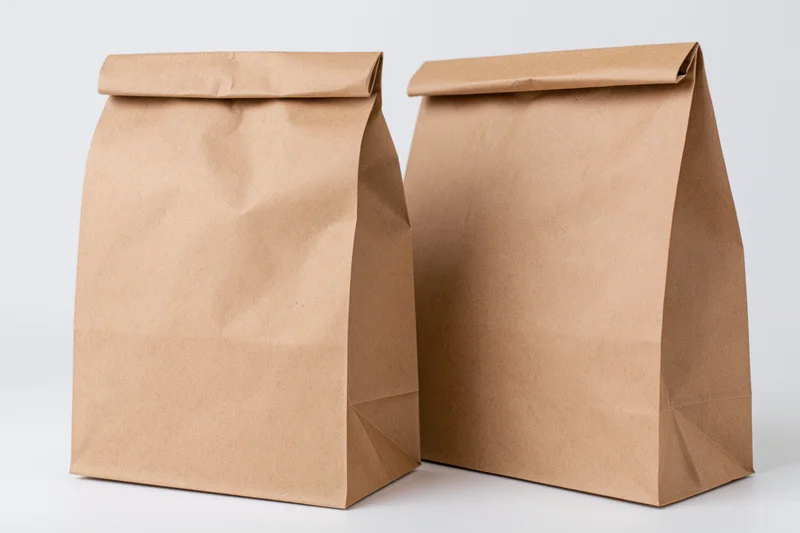 Two brown kraft paper lunch bags standing side by side on white background