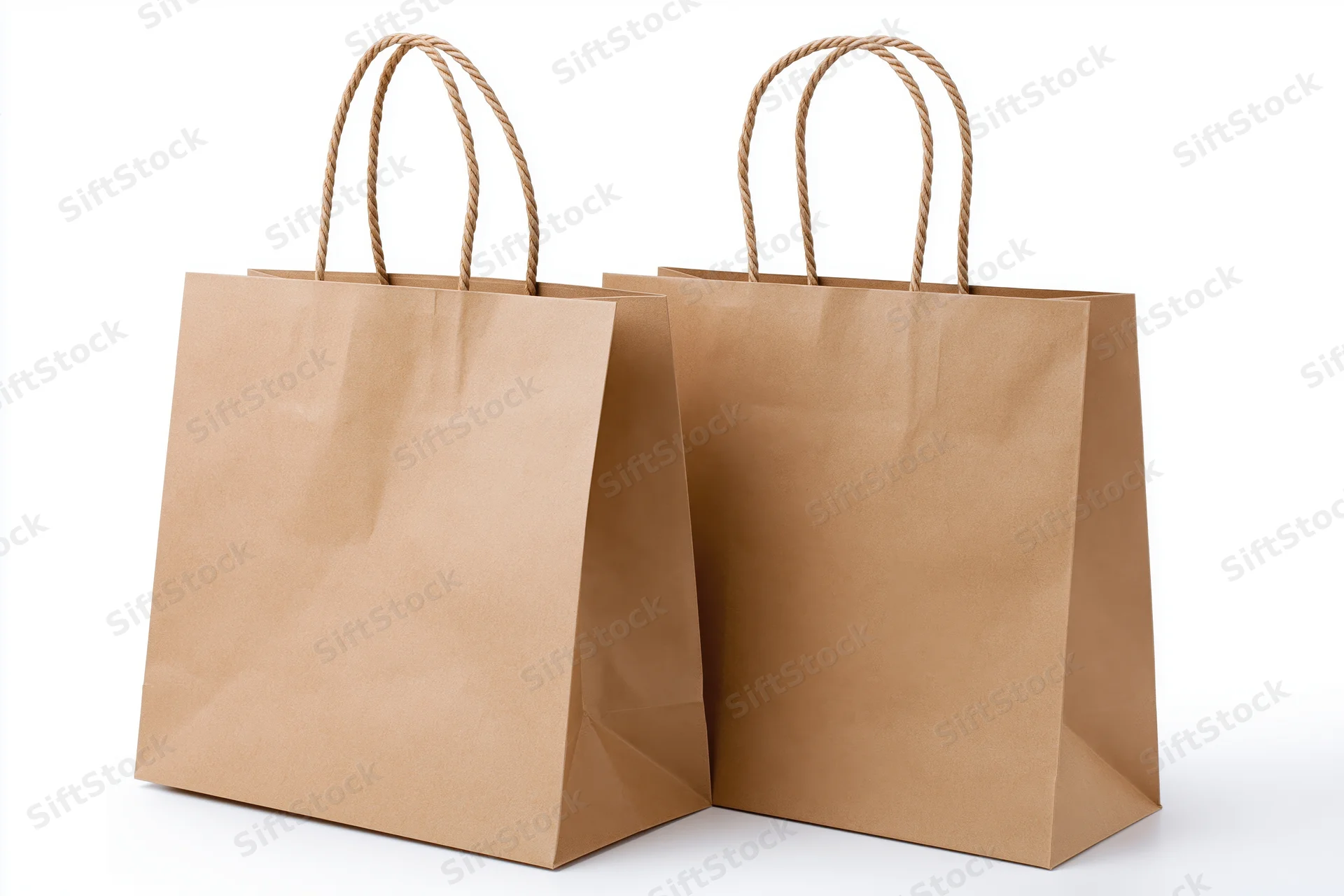Two brown kraft paper shopping bags with twisted rope handles standing side by side on white background
