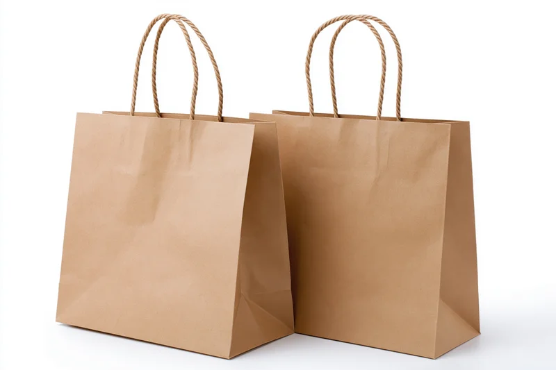 Two brown kraft paper shopping bags with twisted rope handles standing side by side on white background