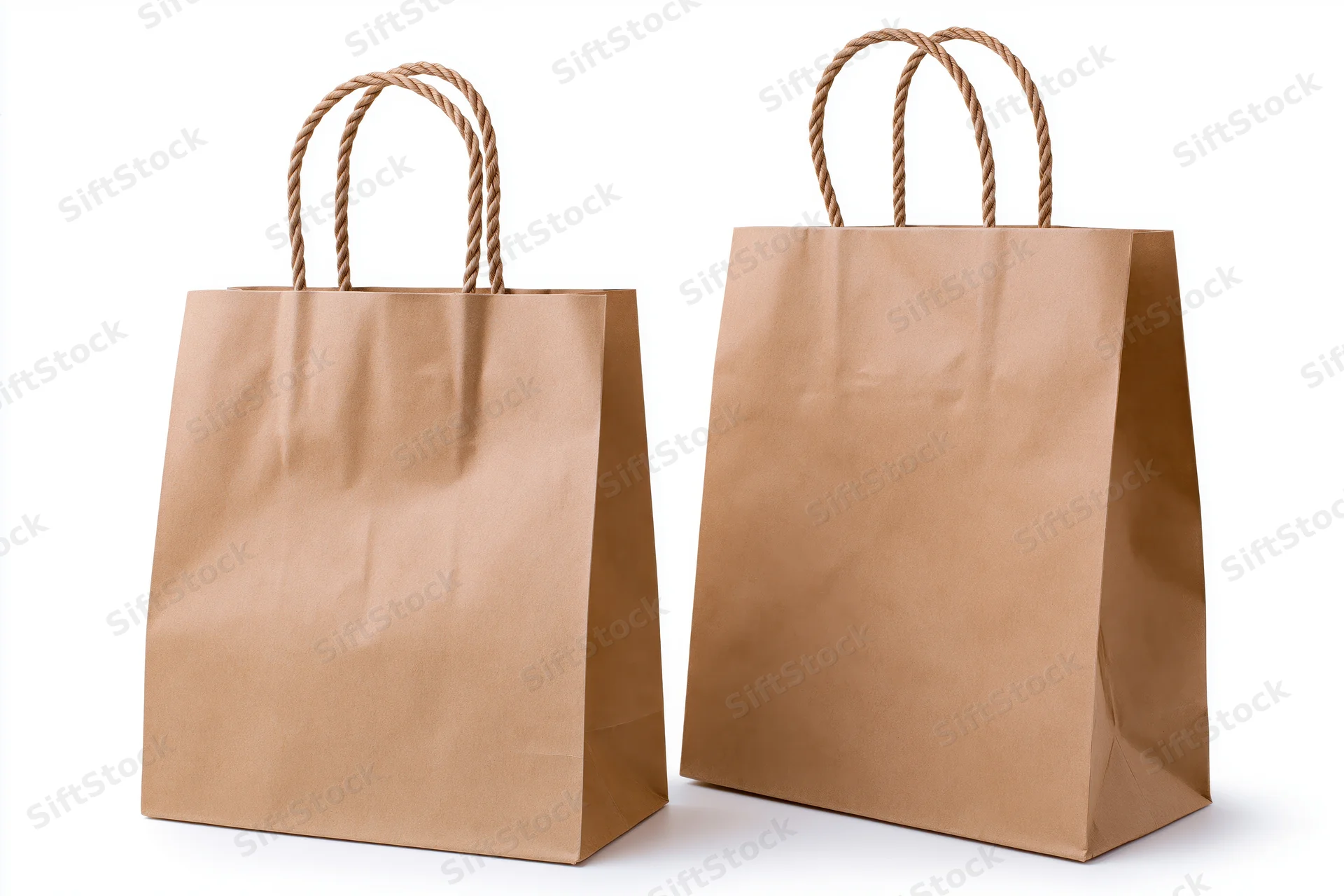Two brown kraft paper shopping bags with twisted rope handles on white background