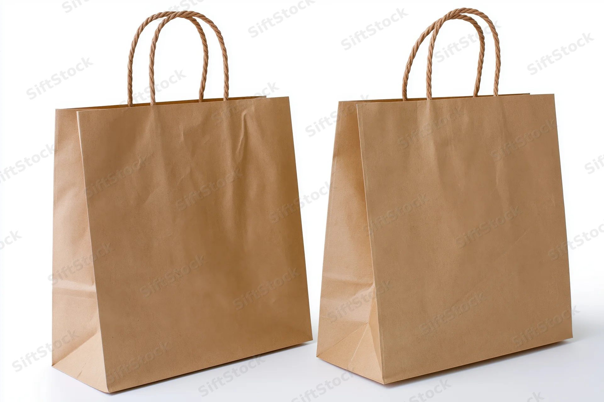 Two brown kraft paper shopping bags standing side by side on white background