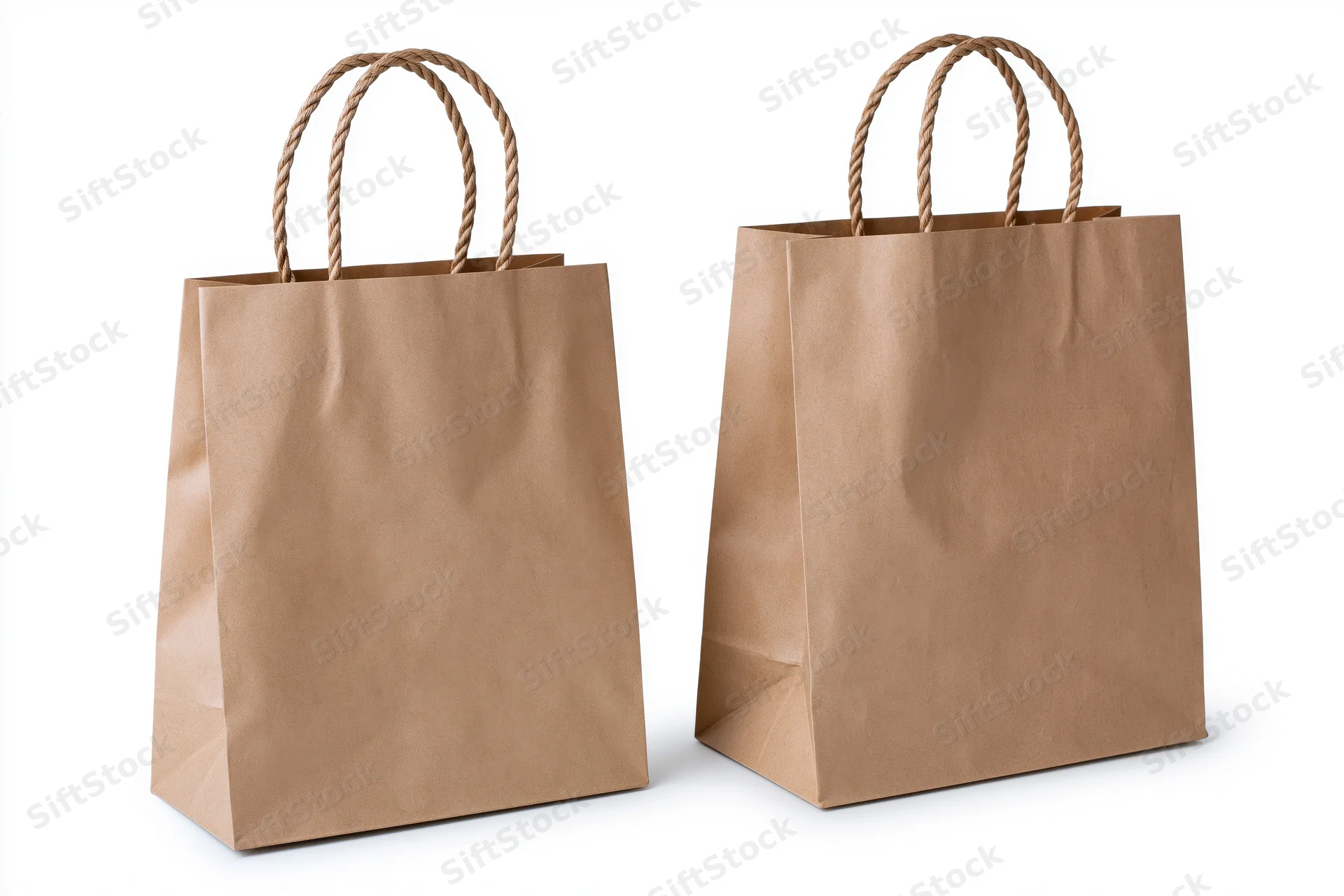 Two brown kraft paper shopping bags with twisted twine handles on white background