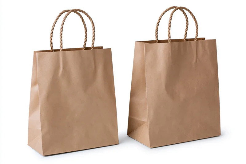 Two brown kraft paper shopping bags with twisted twine handles on white background