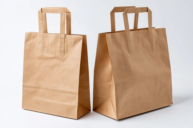 Two brown kraft paper shopping bags with flat handles standing side by side on white surface