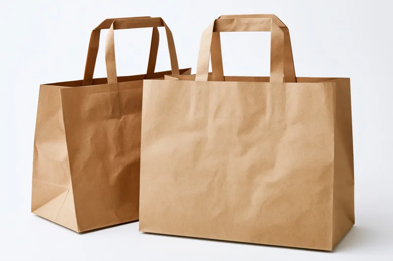 Two brown kraft paper shopping bags with flat handles on white background