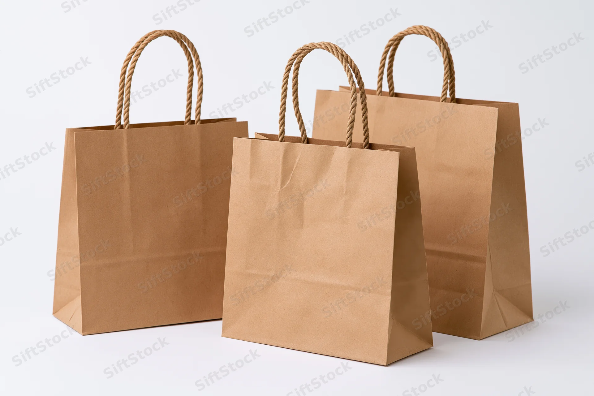 Three brown kraft paper shopping bags with twisted rope handles arranged on a white surface