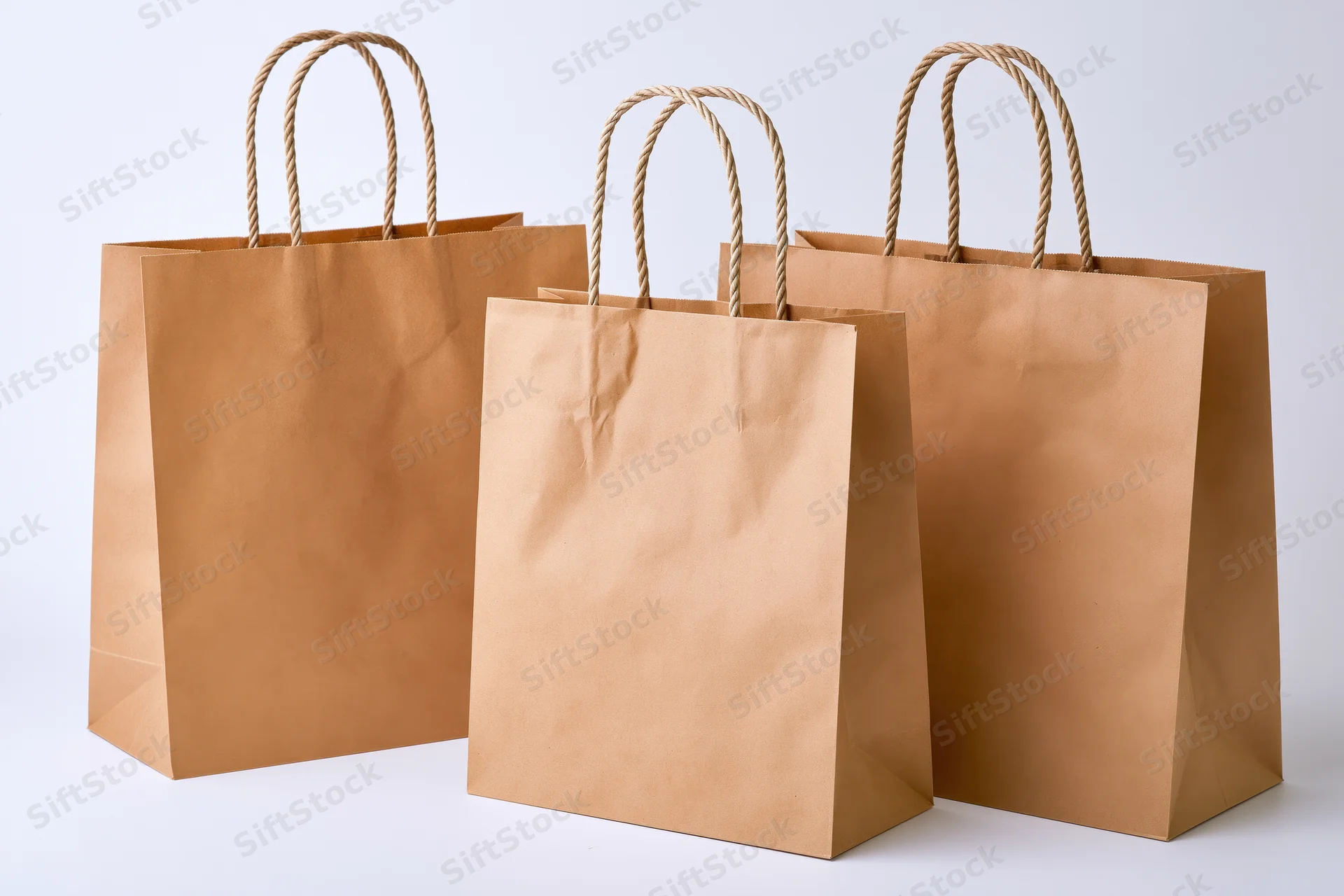 Three brown kraft paper shopping bags with twisted rope handles on white background