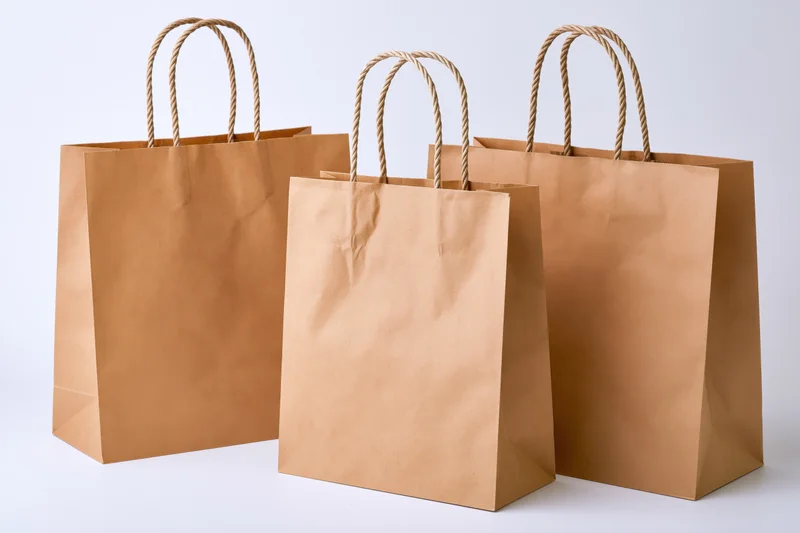 Three brown kraft paper shopping bags with twisted rope handles on white background
