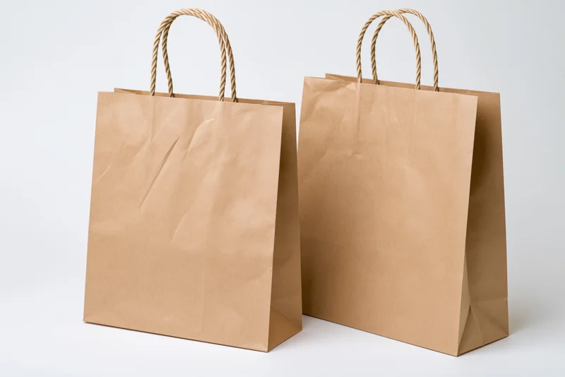 Two brown kraft paper shopping bags with twisted rope handles on white background