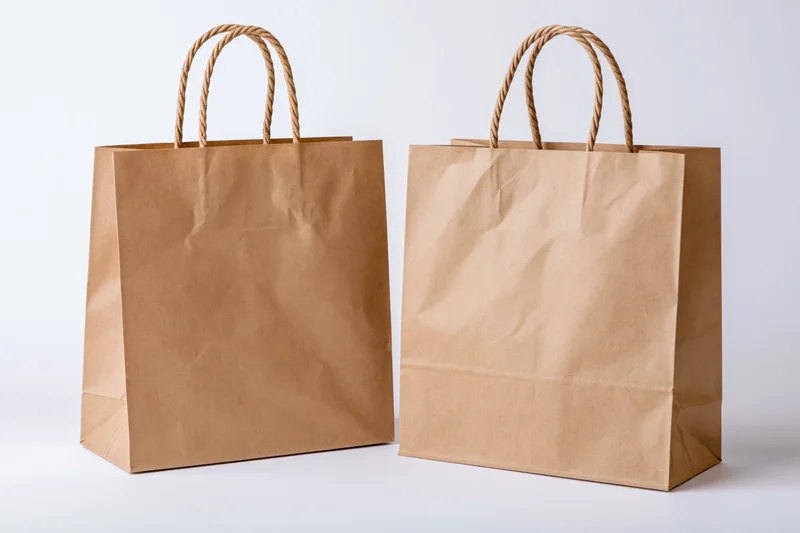 Two brown kraft paper shopping bags with twisted rope handles on white background