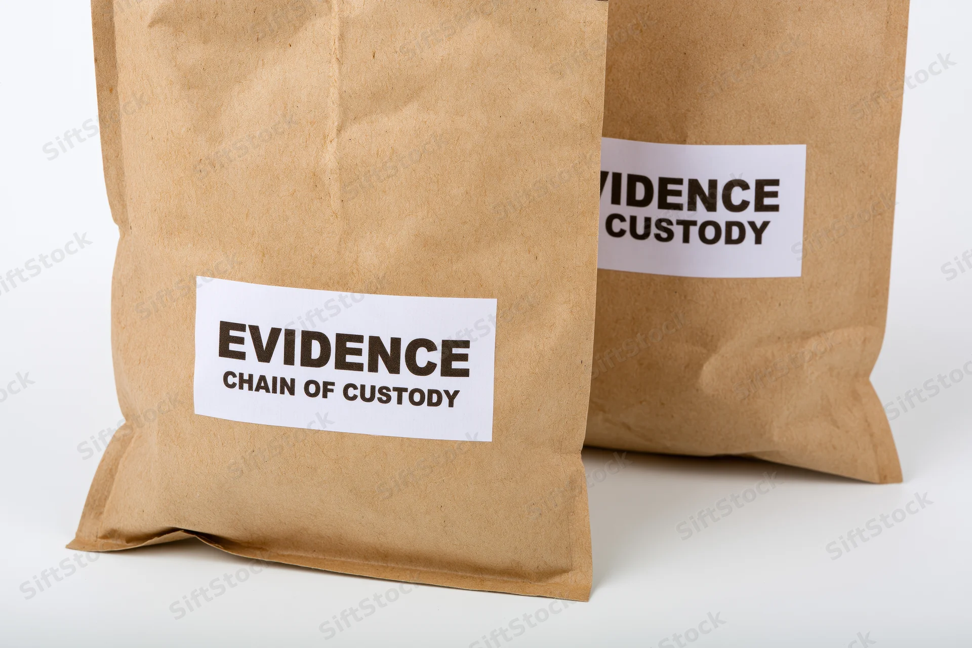 Two brown paper evidence bags with printed labels reading evidence chain of custody on white background