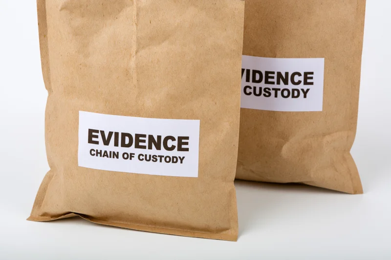 Two brown paper evidence bags with printed labels reading evidence chain of custody on white background
