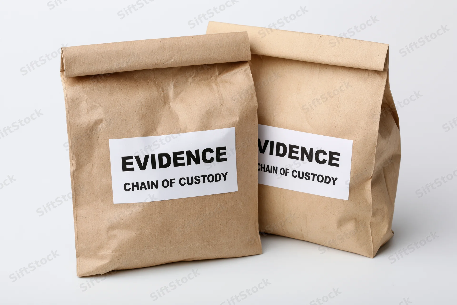 Two brown paper evidence bags labeled with evidence and chain of custody on white background