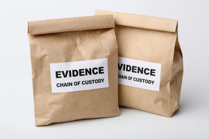 Two brown paper evidence bags labeled with evidence and chain of custody on white background