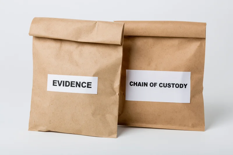 Two brown paper evidence bags labeled evidence and chain of custody on white background
