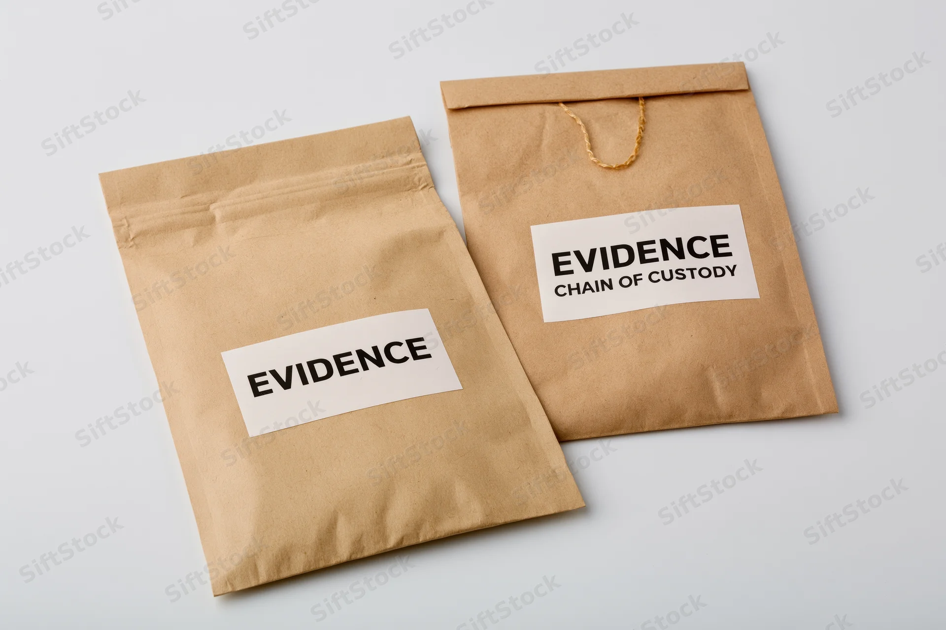 Two brown paper evidence bags labeled with evidence and chain of custody on white background
