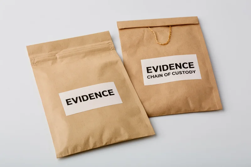 Two brown paper evidence bags labeled with evidence and chain of custody on white background