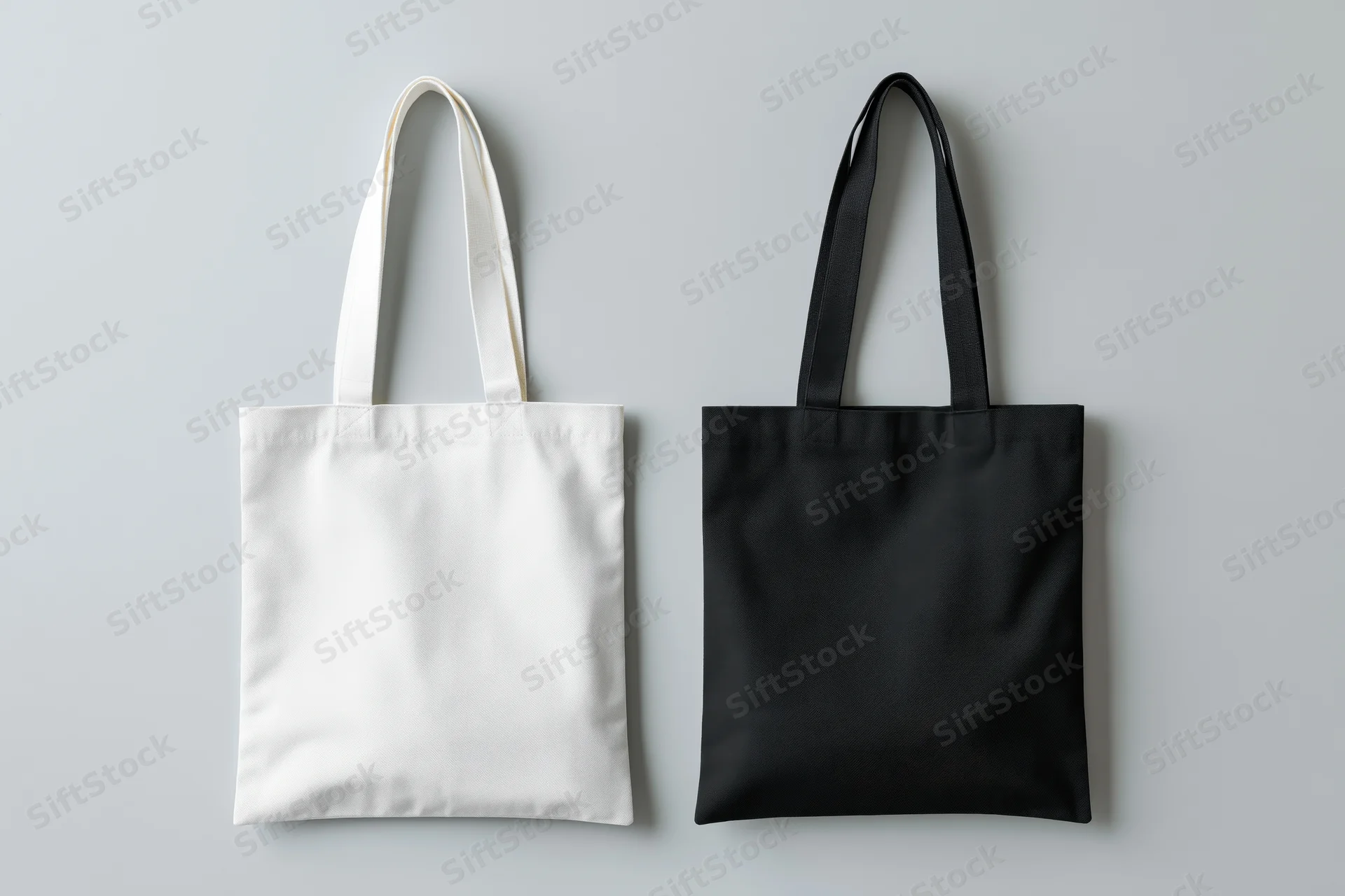 Two canvas tote bags side by side one white and one black lying flat on a neutral surface