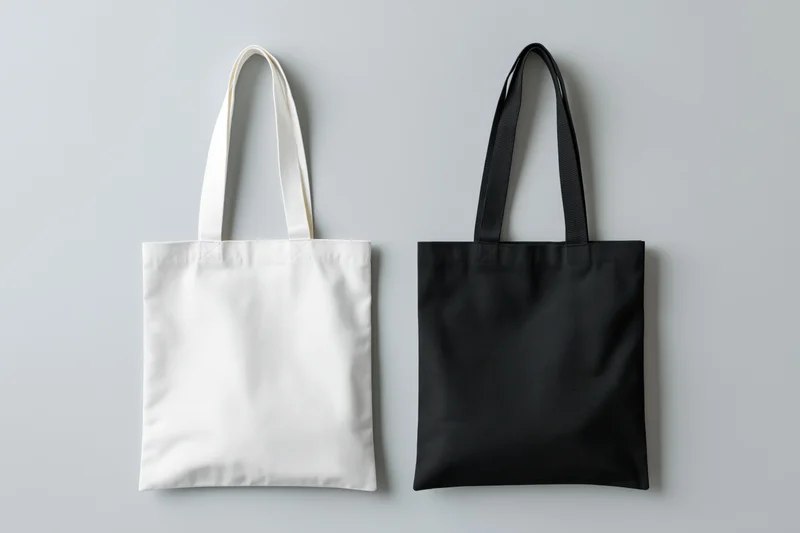 Two canvas tote bags side by side one white and one black lying flat on a neutral surface