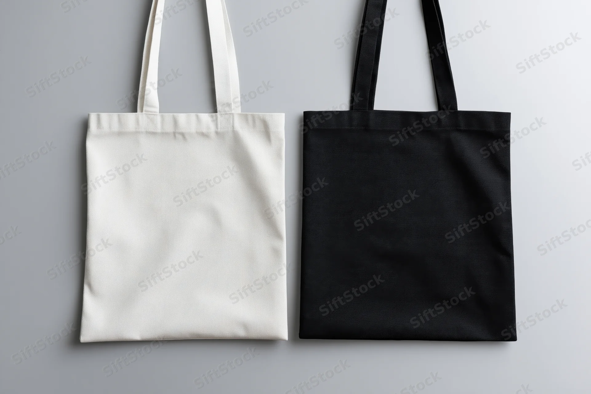 Two canvas tote bags side by side on a neutral surface, one white and one black, blank for design application
