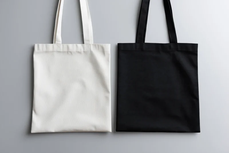 Two canvas tote bags side by side on a neutral surface, one white and one black, blank for design application