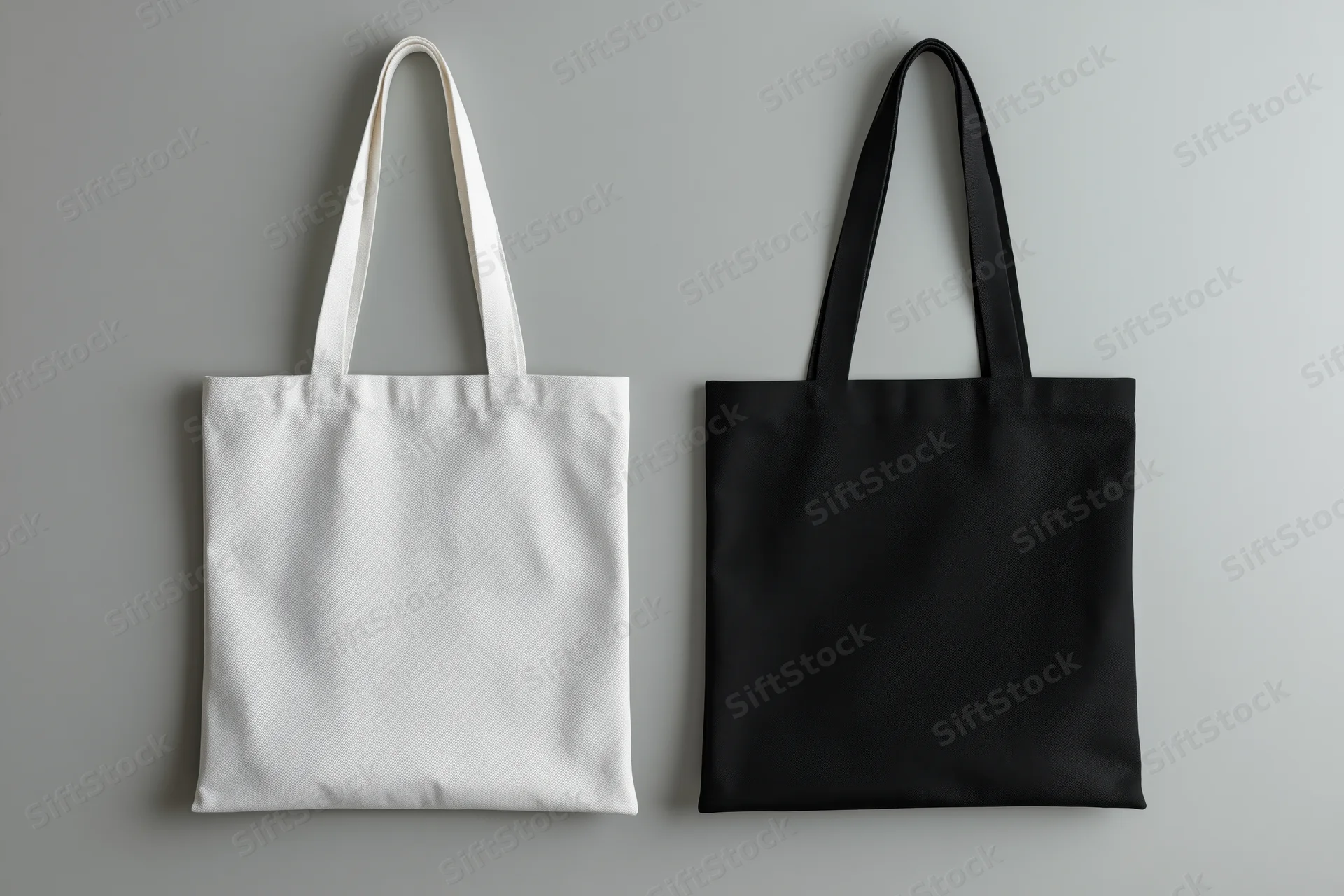 Two canvas tote bags side by side one white and one black on a neutral gray background