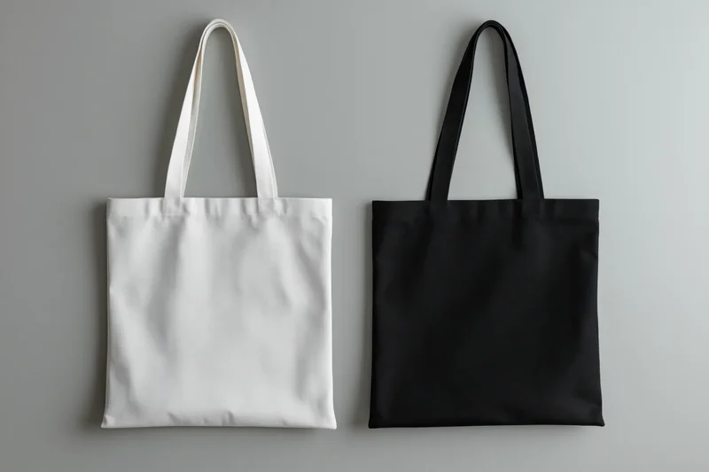 Two canvas tote bags side by side one white and one black on a neutral gray background