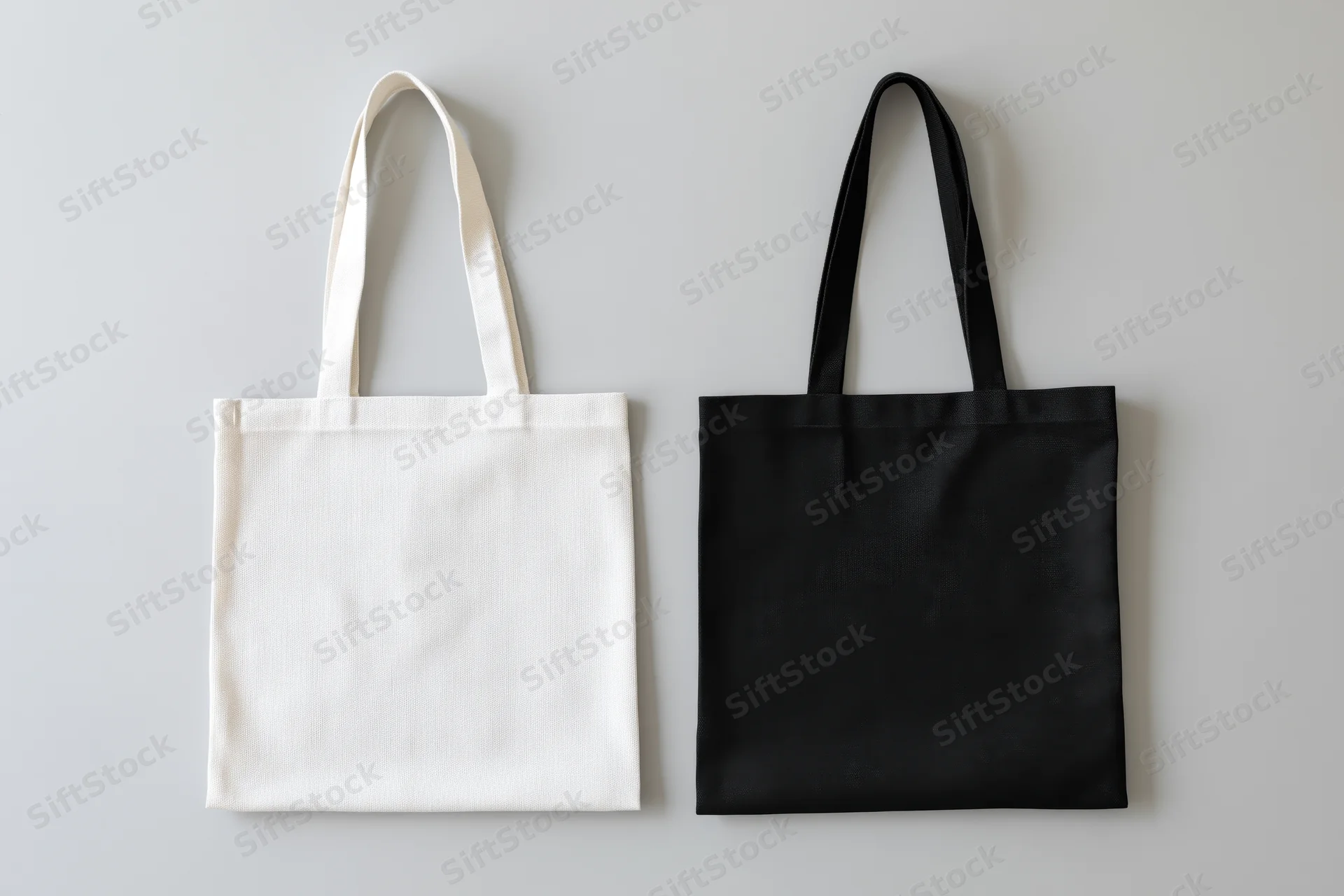 Two canvas tote bags side by side on a plain surface, one white and one black, unbranded and ready for design