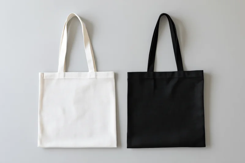 Two canvas tote bags side by side on a plain surface, one white and one black, unbranded and ready for design