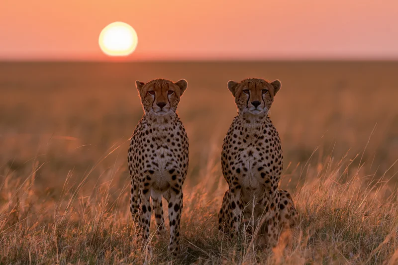 Two cheetahs standing alert side by side in tall dry savanna at sunset