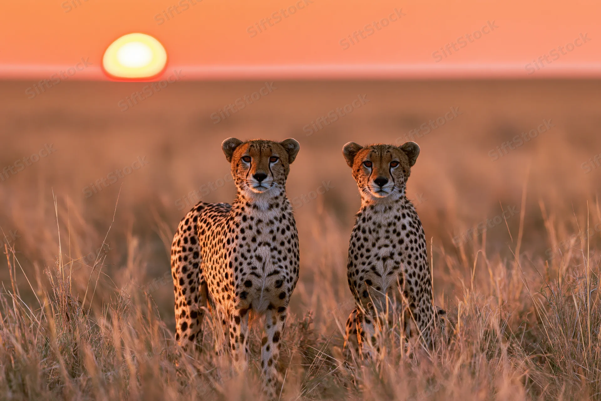Two cheetahs standing alert side by side in tall dry savanna at sunset