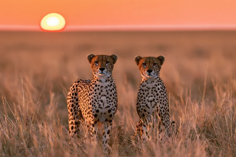 Two cheetahs standing alert side by side in tall dry savanna at sunset