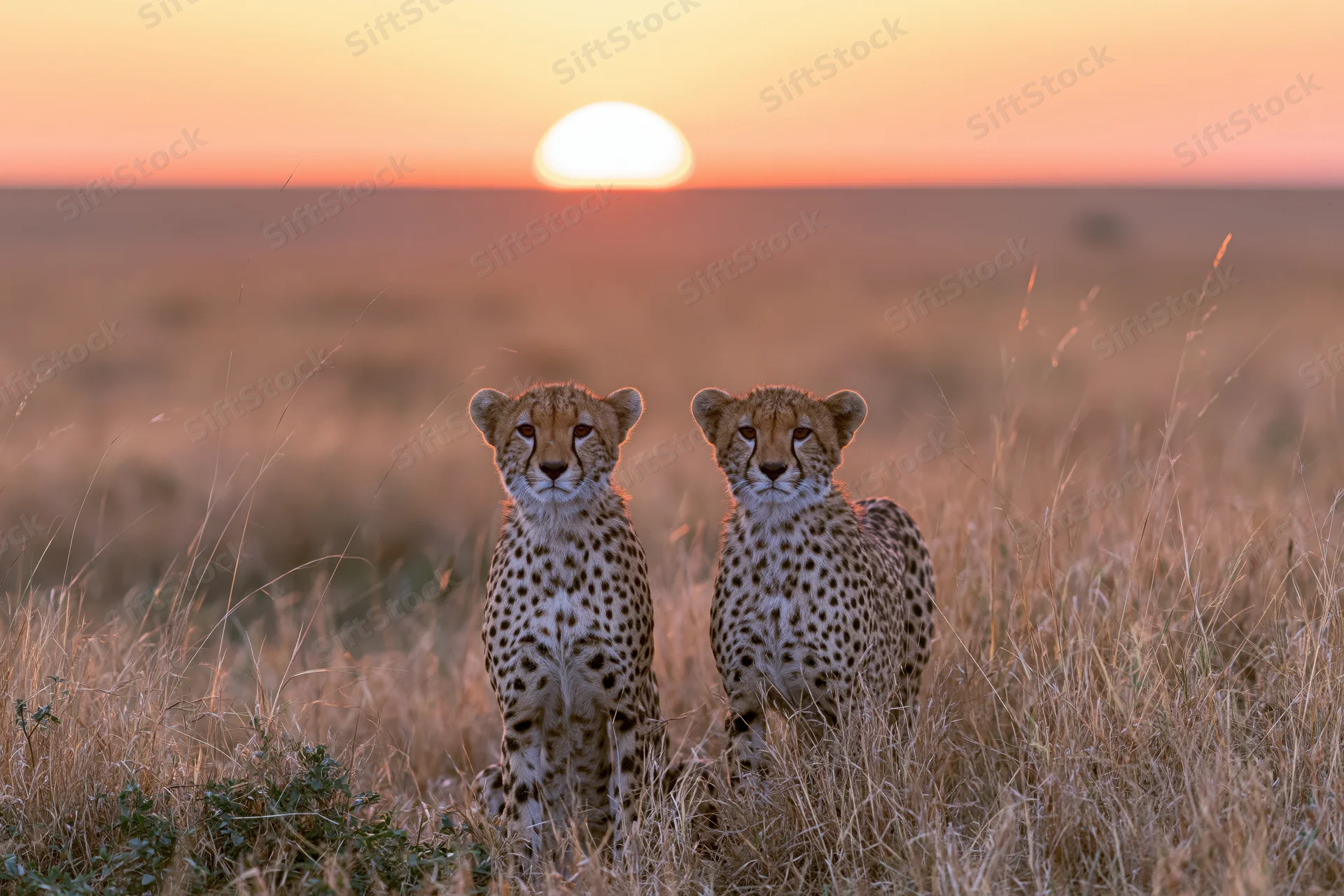 Two cheetahs standing alert side by side in tall dry savanna at sunset