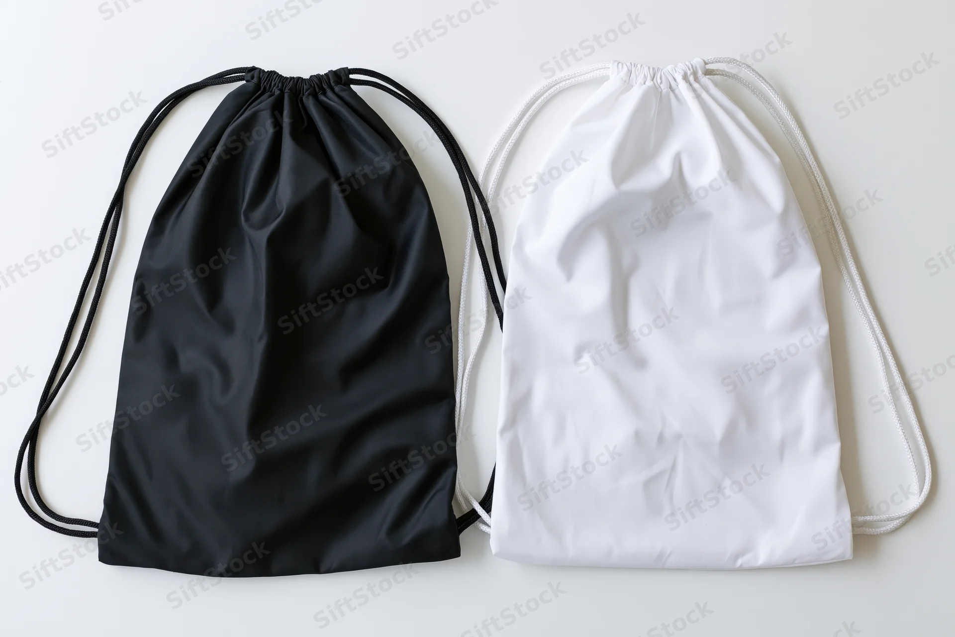 Two drawstring backpacks in black and white arranged side by side on a plain white surface