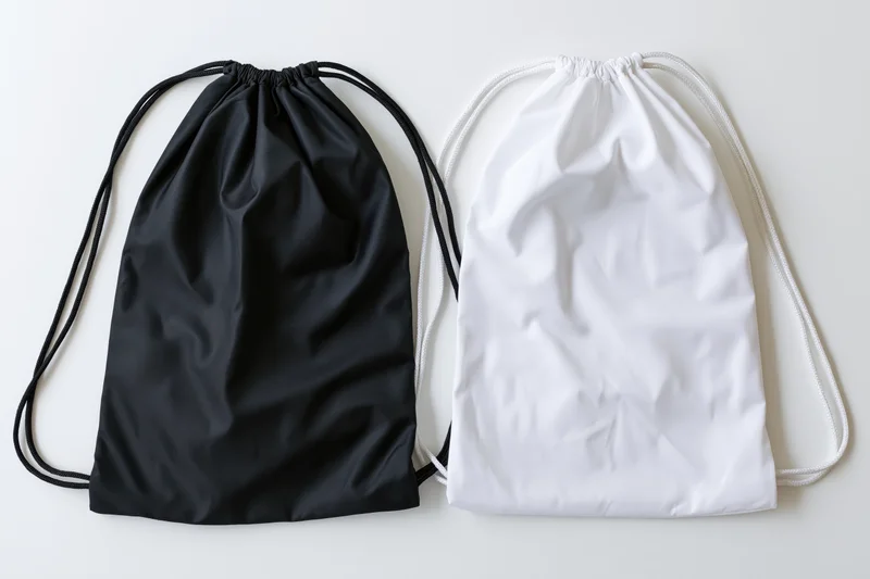 Two drawstring backpacks in black and white arranged side by side on a plain white surface