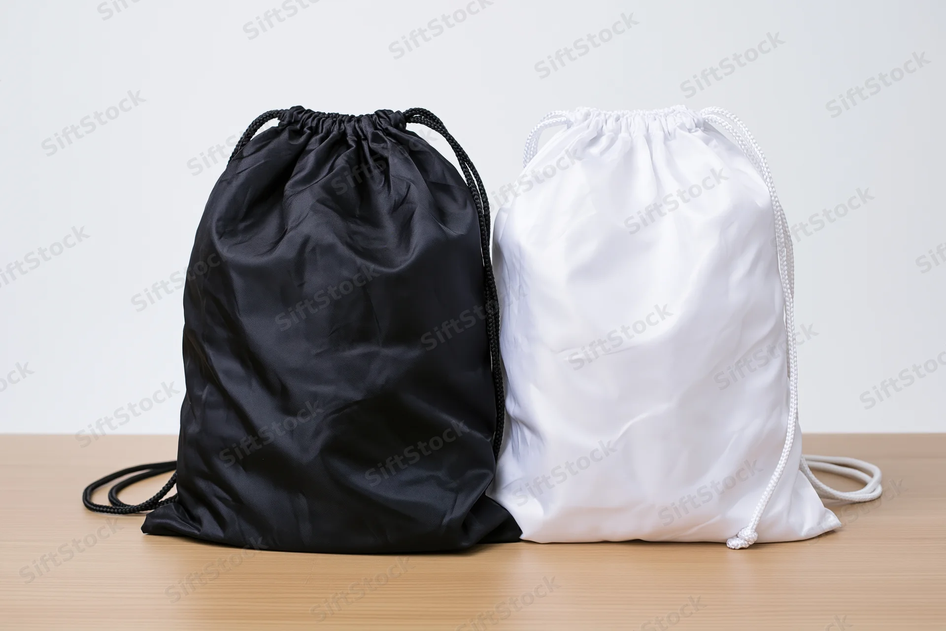 Two drawstring backpacks in black and white placed side by side on a wooden surface against a plain white background