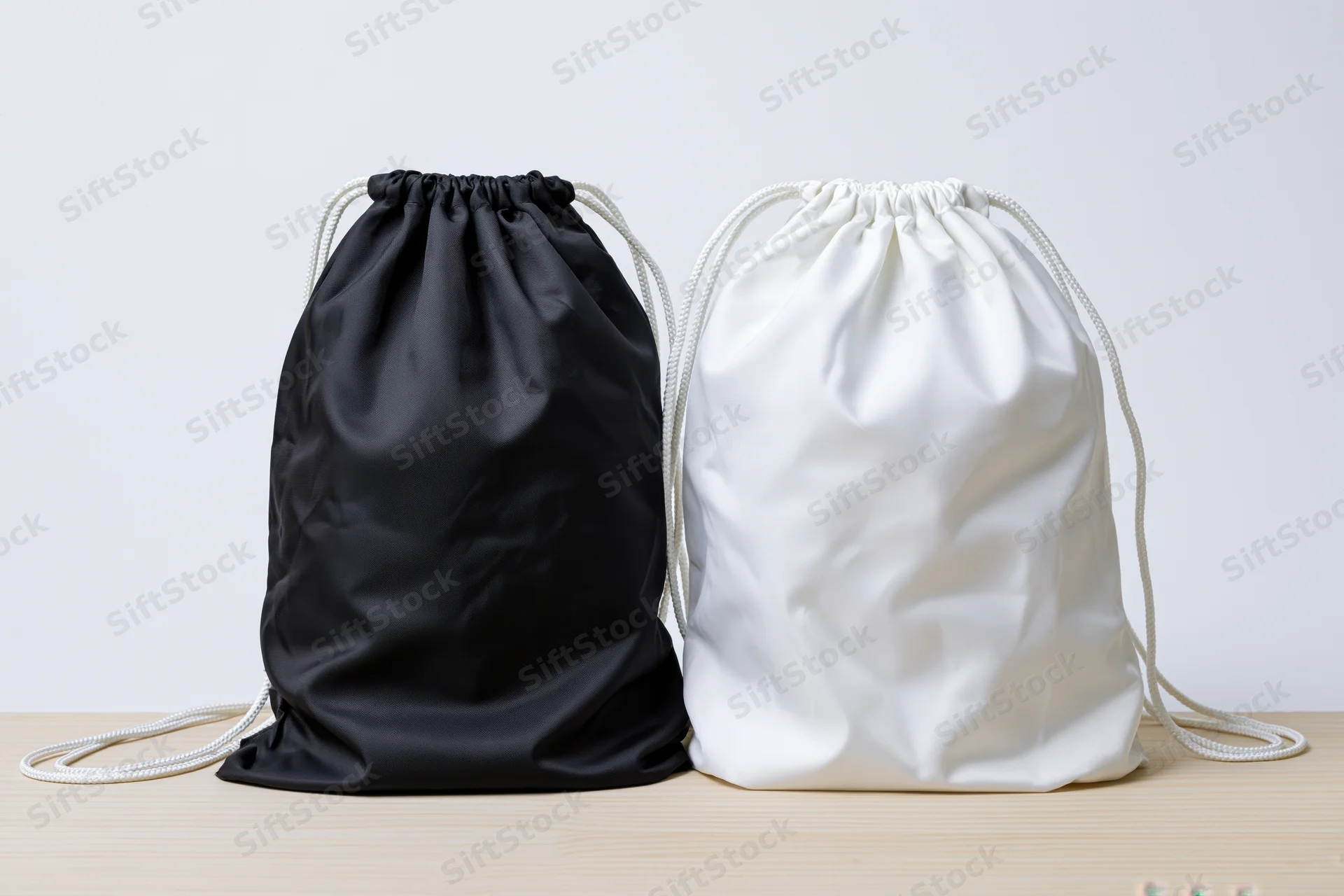 Two drawstring backpacks in black and white side by side on a wooden surface against a plain white background