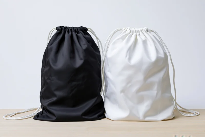 Two drawstring backpacks in black and white side by side on a wooden surface against a plain white background