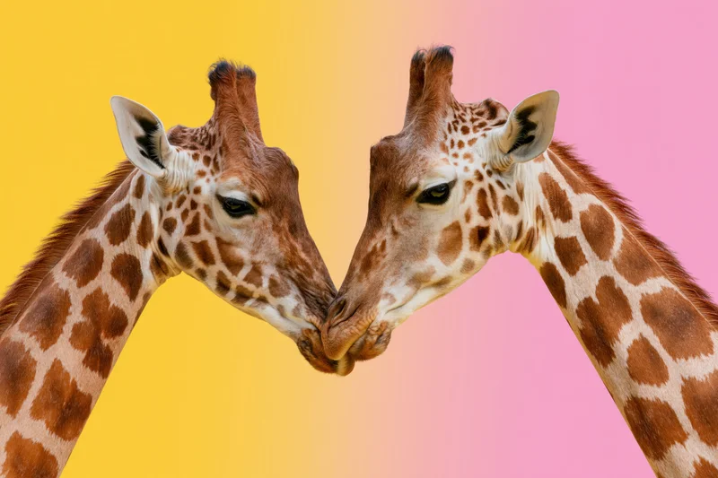 Two giraffes nuzzling noses against a yellow and pink gradient background