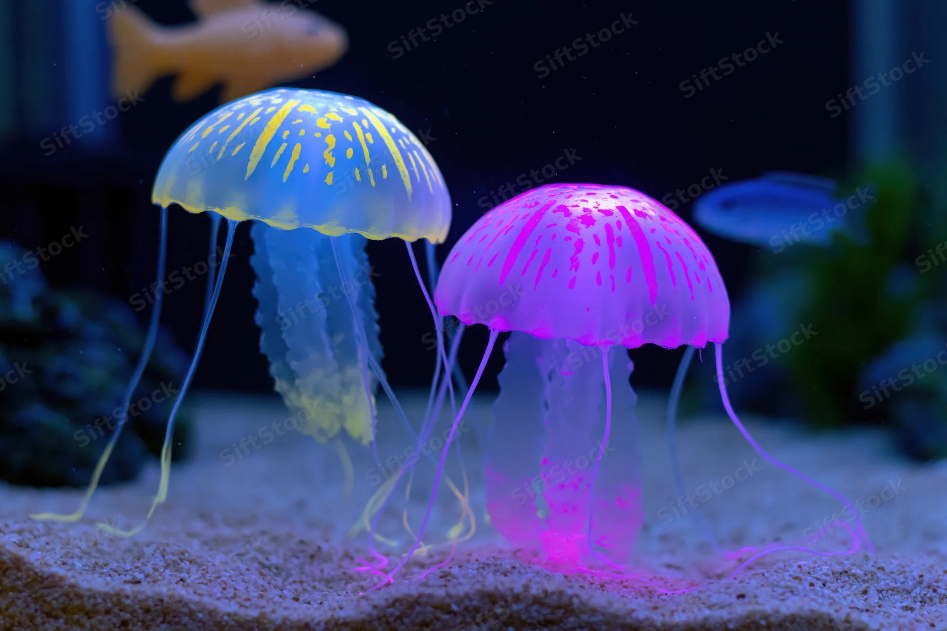 Two glowing silicone jellyfish decorations resting on sand in an aquarium