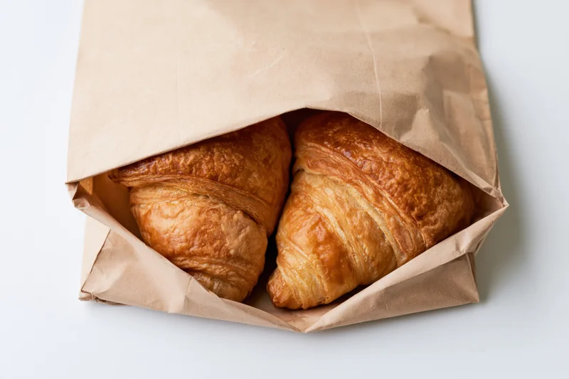 Two golden-brown croissants in an open kraft paper bag on a white surface
