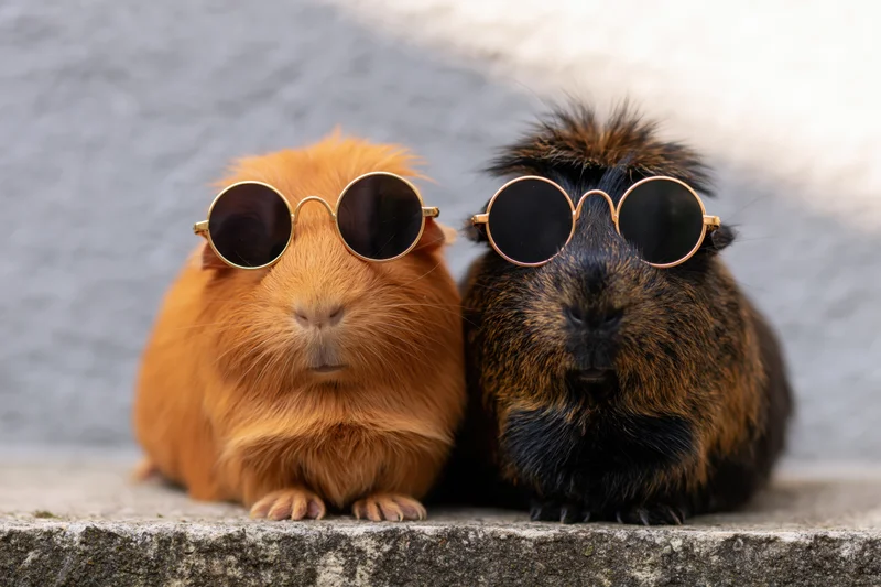 Two guinea pigs wearing round gold sunglasses sitting side by side on a concrete ledge