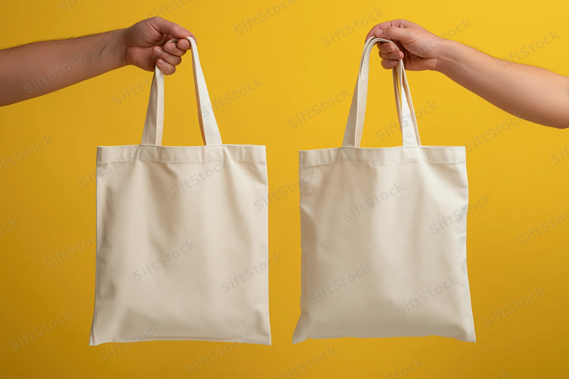 Two hands holding cream canvas tote bags against yellow background