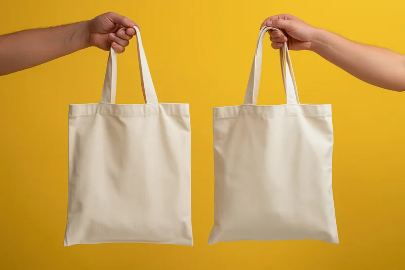 Two hands holding cream canvas tote bags against yellow background