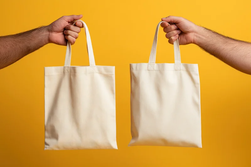Two hands holding blank canvas tote bags against yellow background