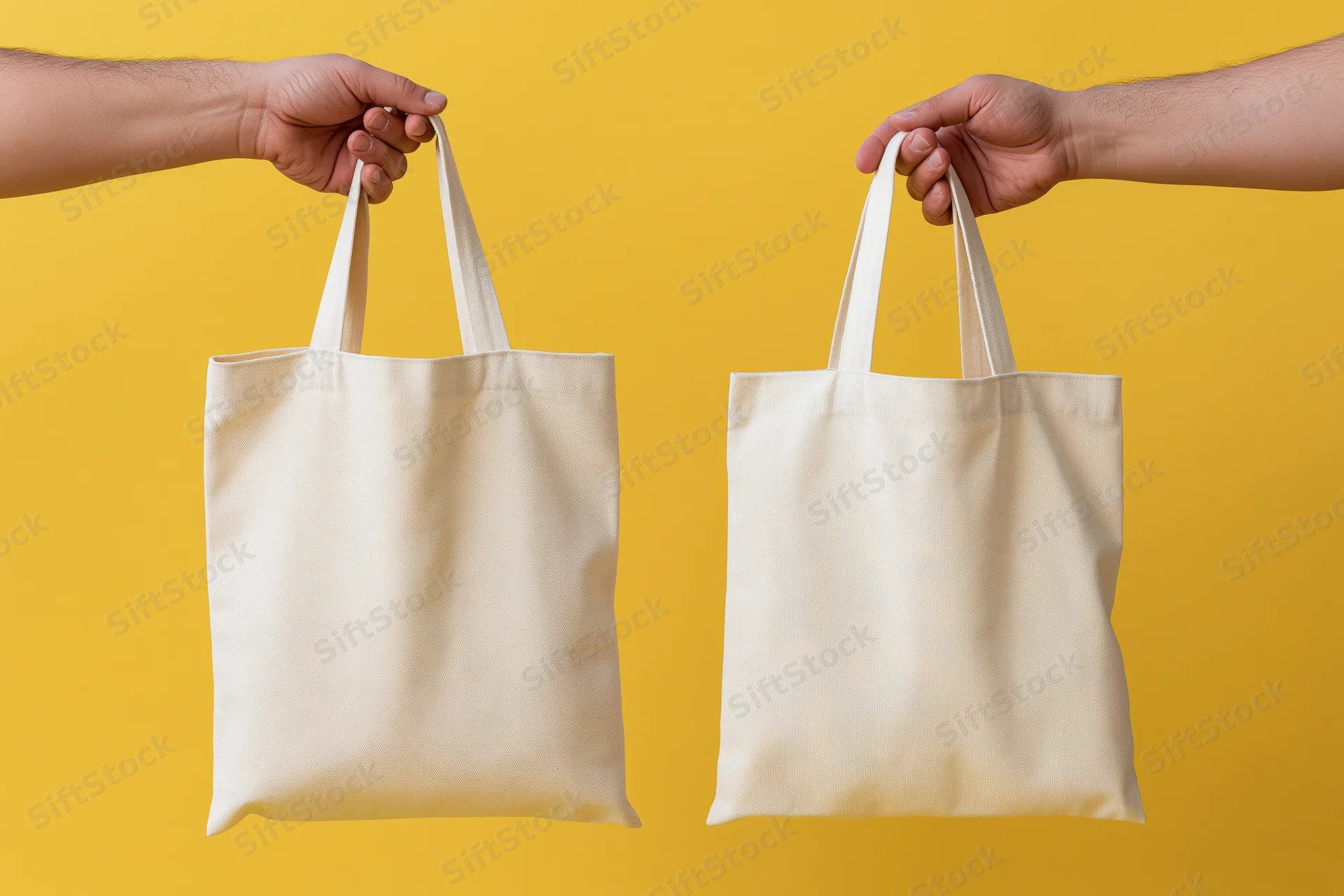 Two hands holding empty canvas tote bags against yellow background