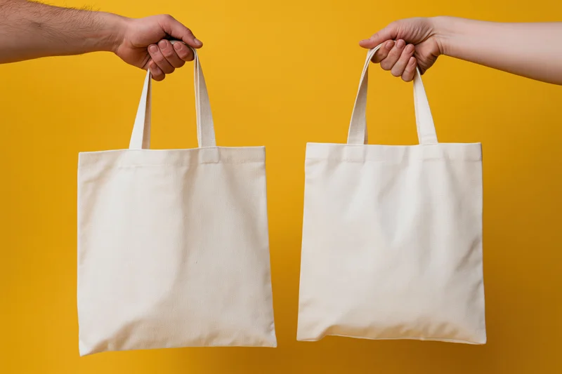Two hands holding blank canvas tote bags against yellow background