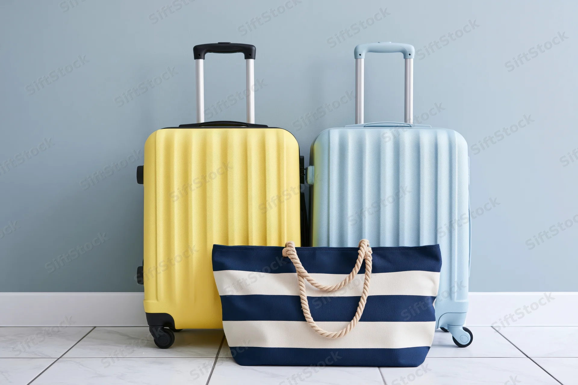 Two hard-shell wheeled suitcases and a striped tote bag arranged against a wall in a room
