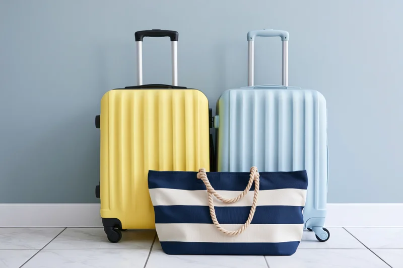 Two hard-shell wheeled suitcases and a striped tote bag arranged against a wall in a room